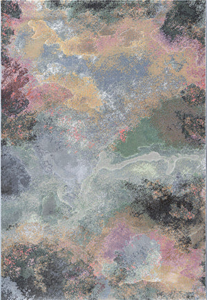 Tapis Tapison Home Torino 063.0934.5626 vu du dessus, motif abstrait de nuages en rose tendre, ocre, sauge et bleu gris