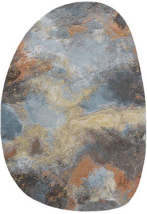 Version de forme organique du tapis Tapison Home Torino 063.0934.7270 en bleu gris, orange rouille et ocre