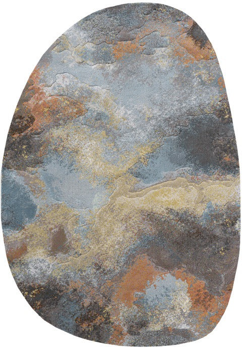 Version de forme organique du tapis Tapison Home Torino 063.0934.7270 en bleu gris, orange rouille et ocre