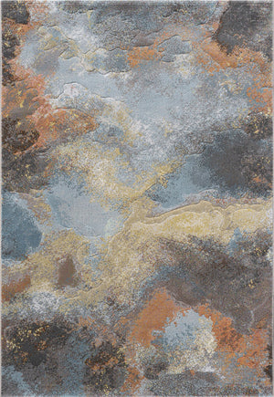 Tapis Tapison Home Torino 063.0934.7270 vu du dessus, motif abstrait de nuages en bleu gris, orange rouille et ocre