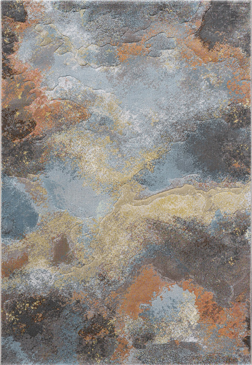 Tapis Tapison Home Torino 063.0934.7270 vu du dessus, motif abstrait de nuages en bleu gris, orange rouille et ocre