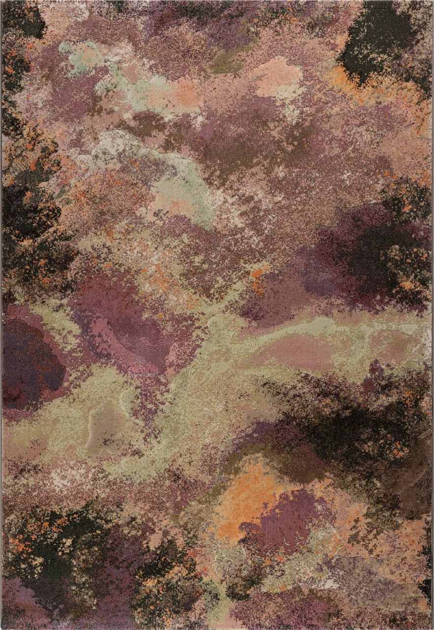 Tapis Tapison Home Torino 063.0934.7274 vu du dessus, motif abstrait de nuages en prune, mauve et vert olive