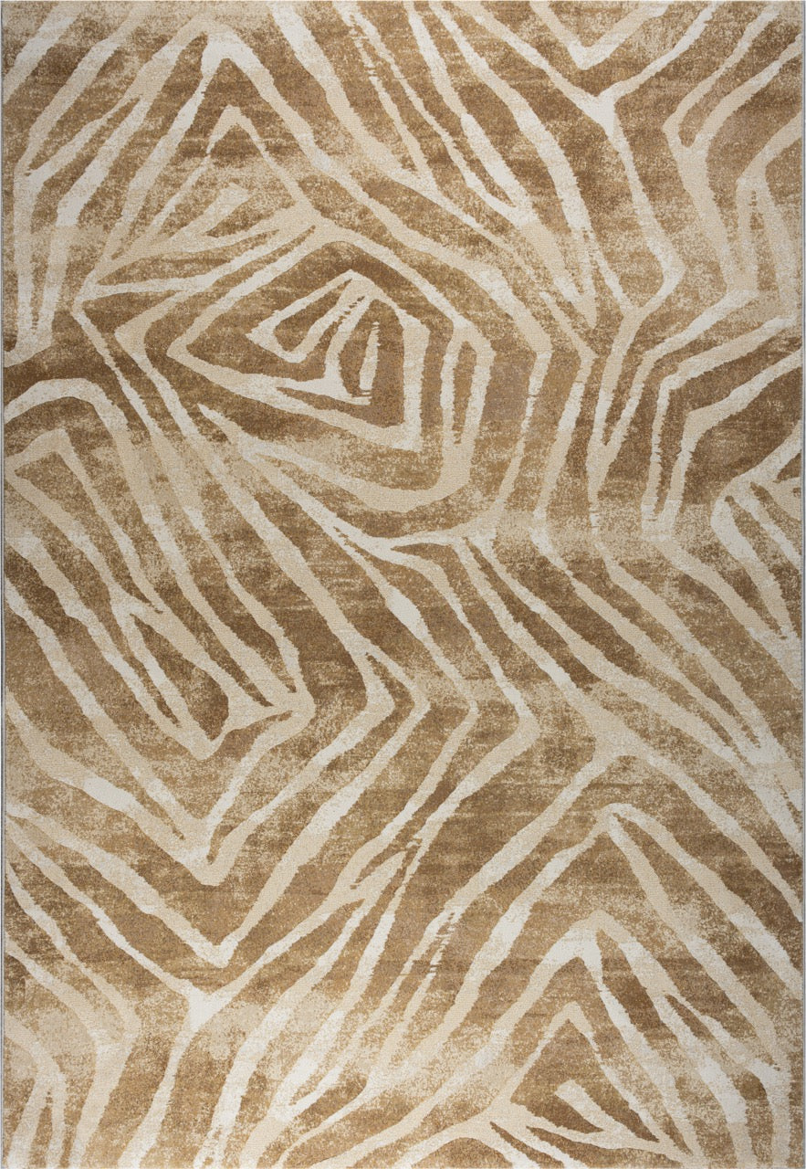 Tapis Tapison Home Torino 063.0990.7299 vu du dessus, motif de lignes ivoire sur fond ocre et caramel
