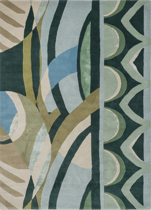Tapis Harlequin Atelier Lagoon vert bouteille, vert d'eau et bleu ciel, vue de dessus