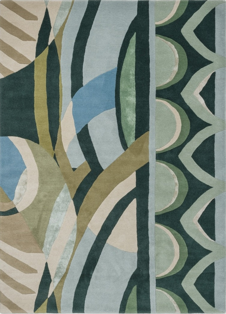 Tapis Harlequin Atelier Lagoon vert bouteille, vert d'eau et bleu ciel, vue de dessus
