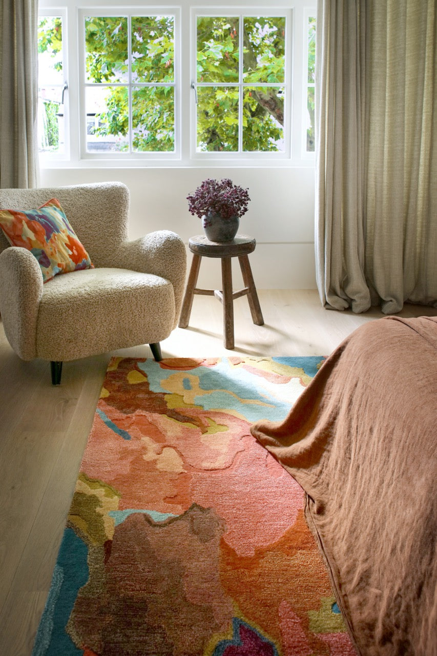  Harlequin Foresta Rosewood abstract rug in modern living room - luxury wool-viscose area rug