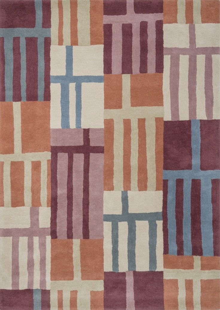 Tapis Harlequin Monolith Cinnabar Amber orange brûlé, lie de vin et bleu denim, vue de dessus