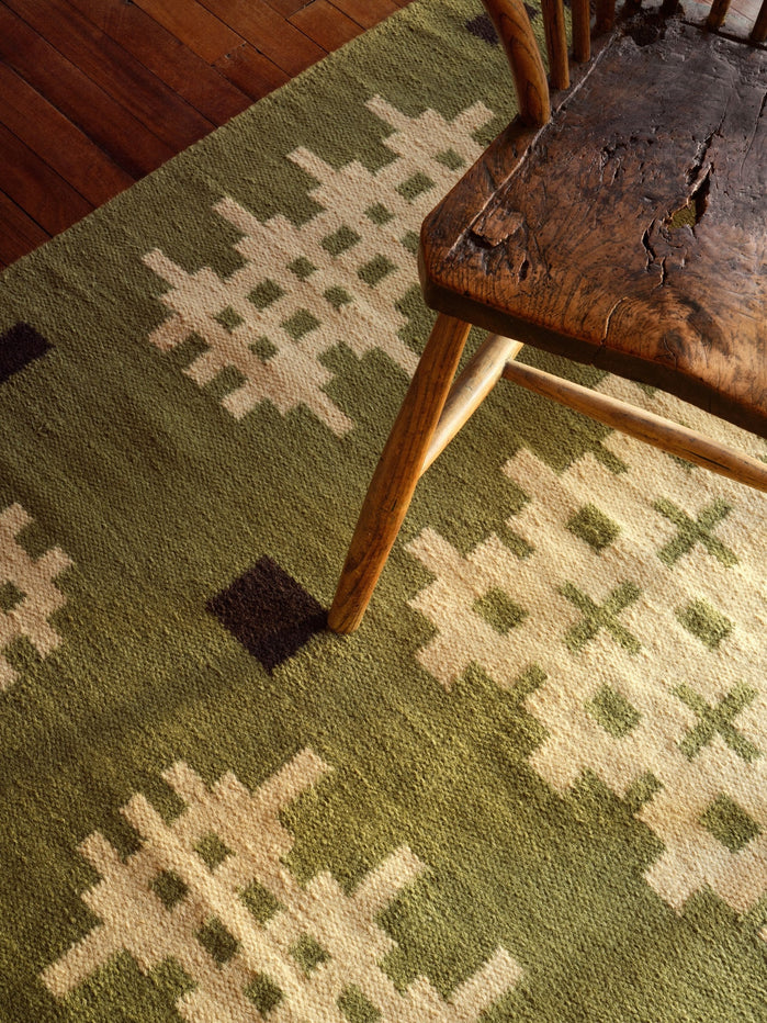 Tapis vert Layered Tom Morris Ryg Bardsey Green, détail du tissage plat