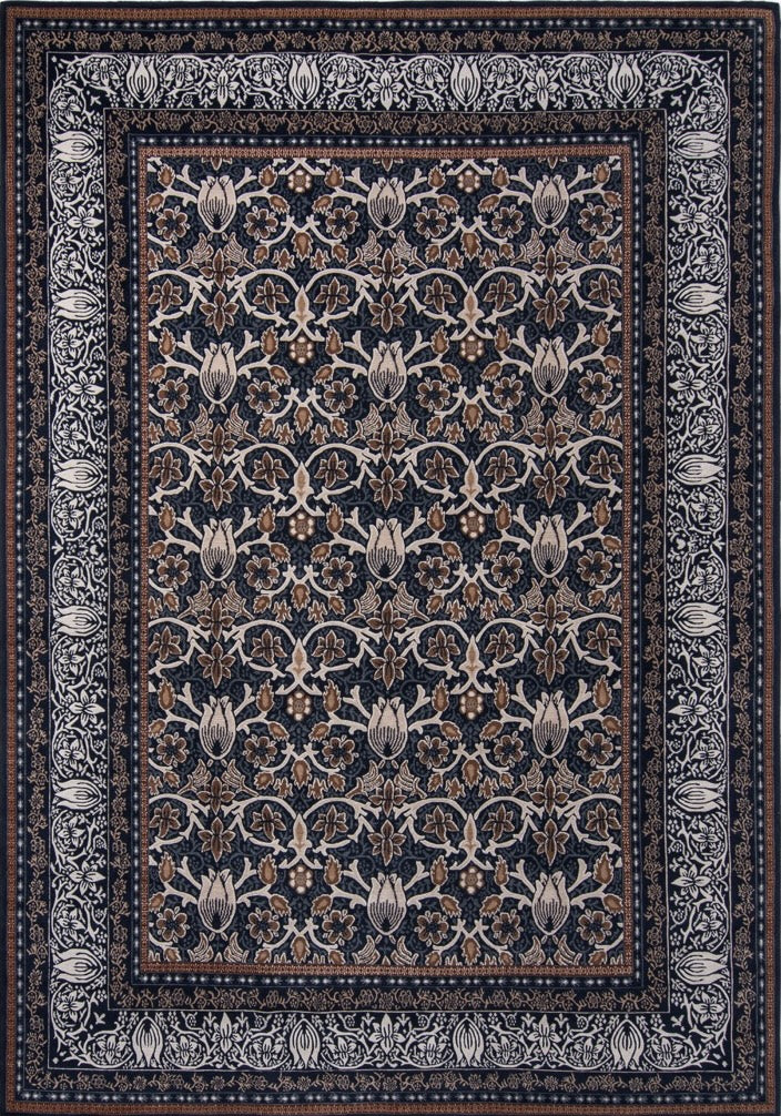Tapis Morris & Co Borage Blue indigo, ivoire et caramel, vue de dessus