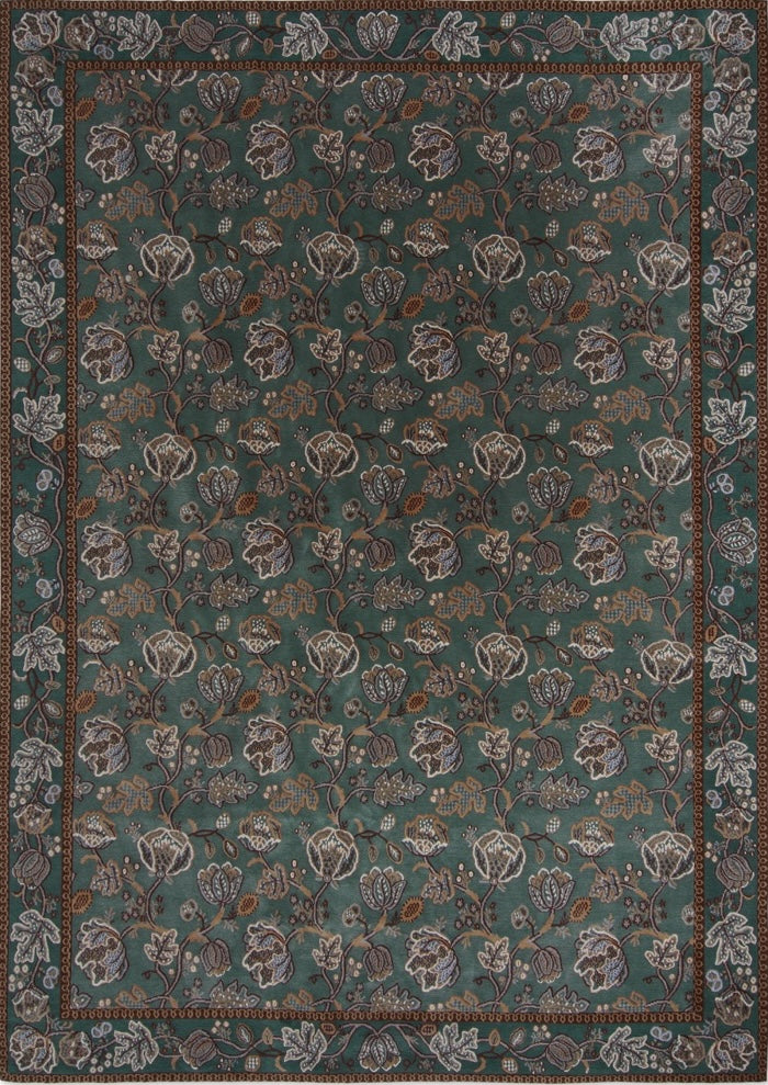 Tapis Morris & Co Theodosia Bottle Green vert bouteille aux fleurs caramel et ivoire, vue de dessus