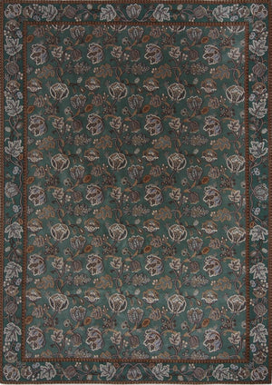 Tapis Morris & Co Theodosia Bottle Green vert bouteille aux fleurs caramel et ivoire, vue de dessus