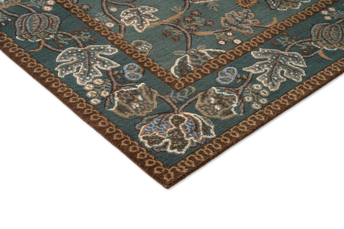 Tapis Morris & Co Theodosia Bottle Green, détail de l'angle et du poil