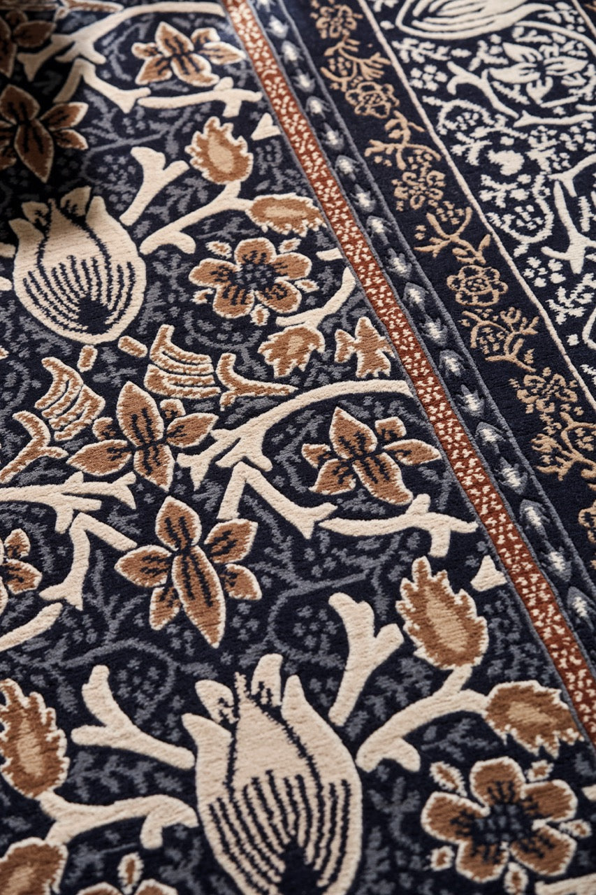 Tapis Morris & Co Borage Blue indigo, ivoire et caramel, dans un intérieur, quatrième vue