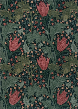 Tapis Morris & Co Lent Lily Indigo Madder indigo aux tulipes rouge garance et feuilles sauge, vue de dessus