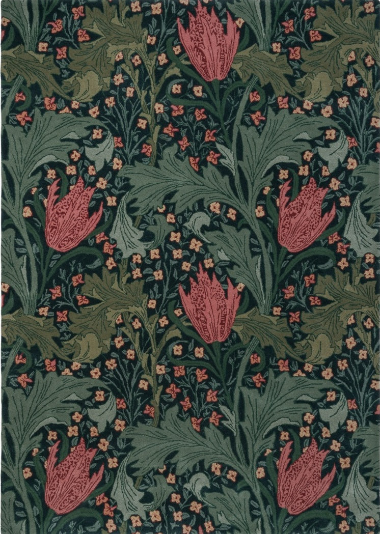 Tapis Morris & Co Lent Lily Indigo Madder indigo aux tulipes rouge garance et feuilles sauge, vue de dessus