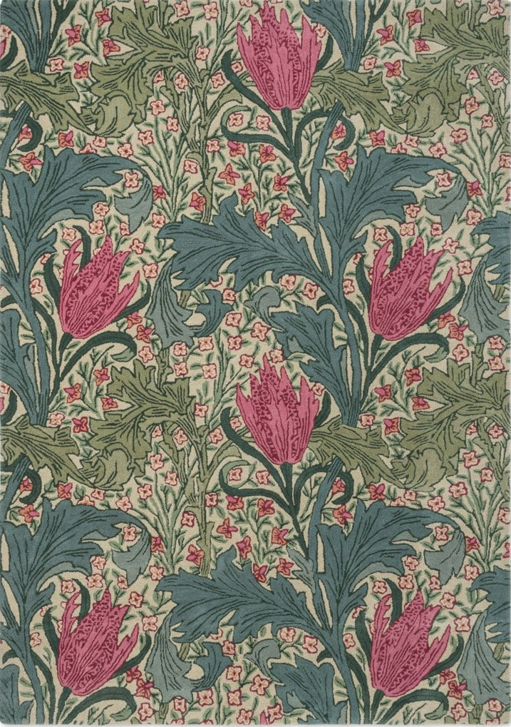 Tapis Morris & Co Lent Lily Plum Bayleaf crème aux tulipes prune et feuilles vert laurier, vue de dessus