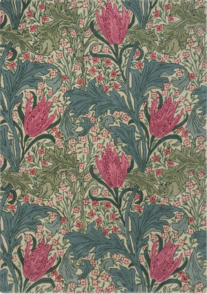 Tapis Morris & Co Lent Lily Plum Bayleaf crème aux tulipes prune et feuilles vert laurier, vue de dessus