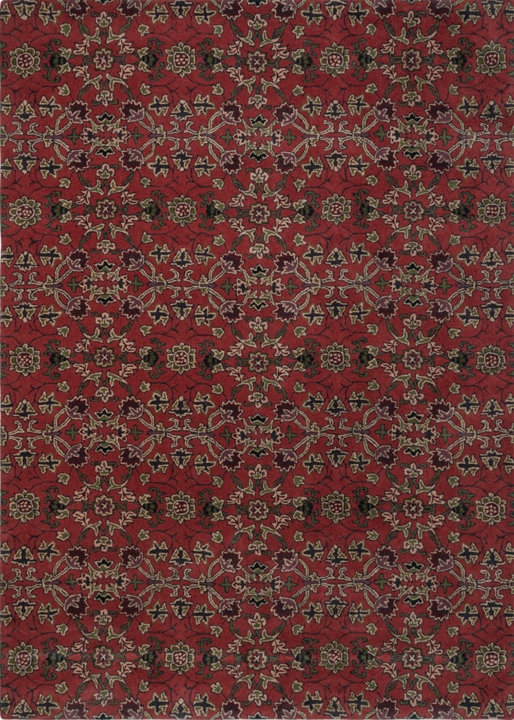 Tapis Morris & Co Persian Scroll Plum rouge chaud, crème, olive et aubergine, vue de dessus