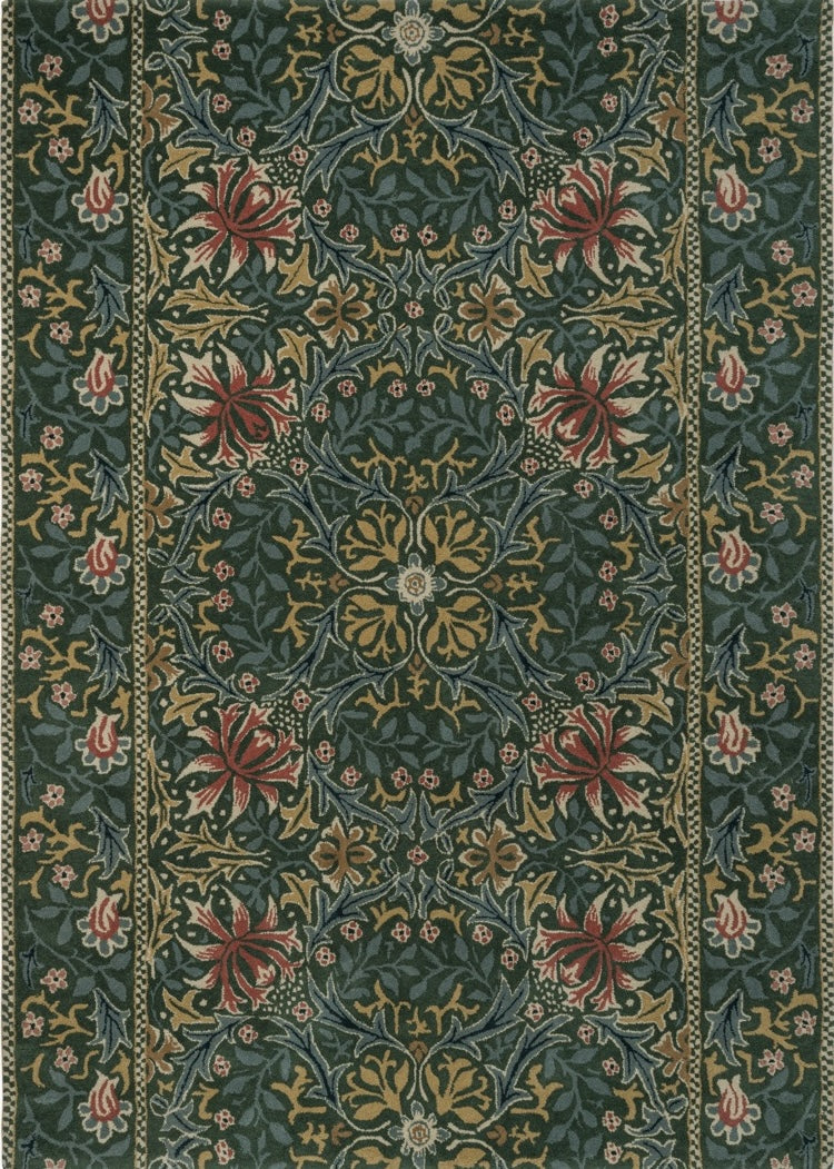 Tapis Morris & Co Walthamstow Forest Teal vert forêt, bleu sarcelle et vieil or, vue de dessus