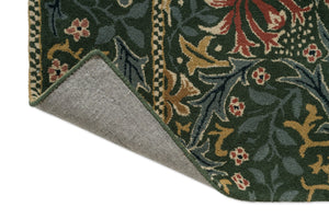 Tapis Morris & Co Walthamstow Forest Teal, détail de l'angle replié et du dos