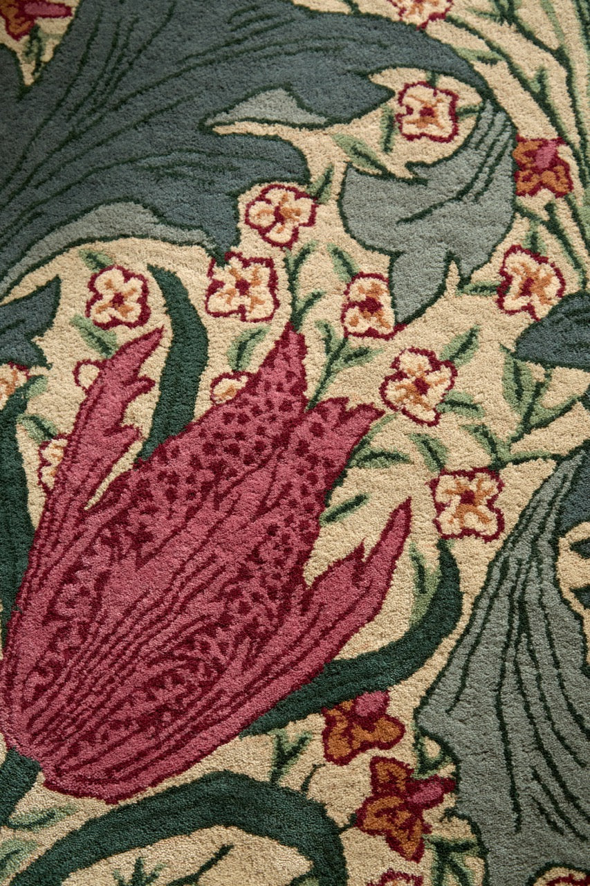 Tapis Morris & Co Lent Lily Plum Bayleaf crème aux tulipes prune et feuilles vert laurier, dans un intérieur, troisième vue