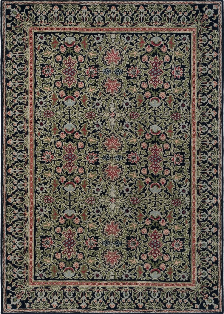 Tapis Morris & Co Wilton Weave Indigo indigo, vert olive et rose, vue de dessus