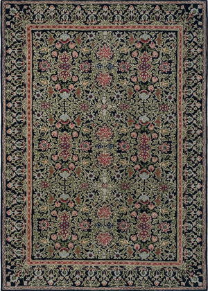 Tapis Morris & Co Wilton Weave Indigo indigo, vert olive et rose, vue de dessus