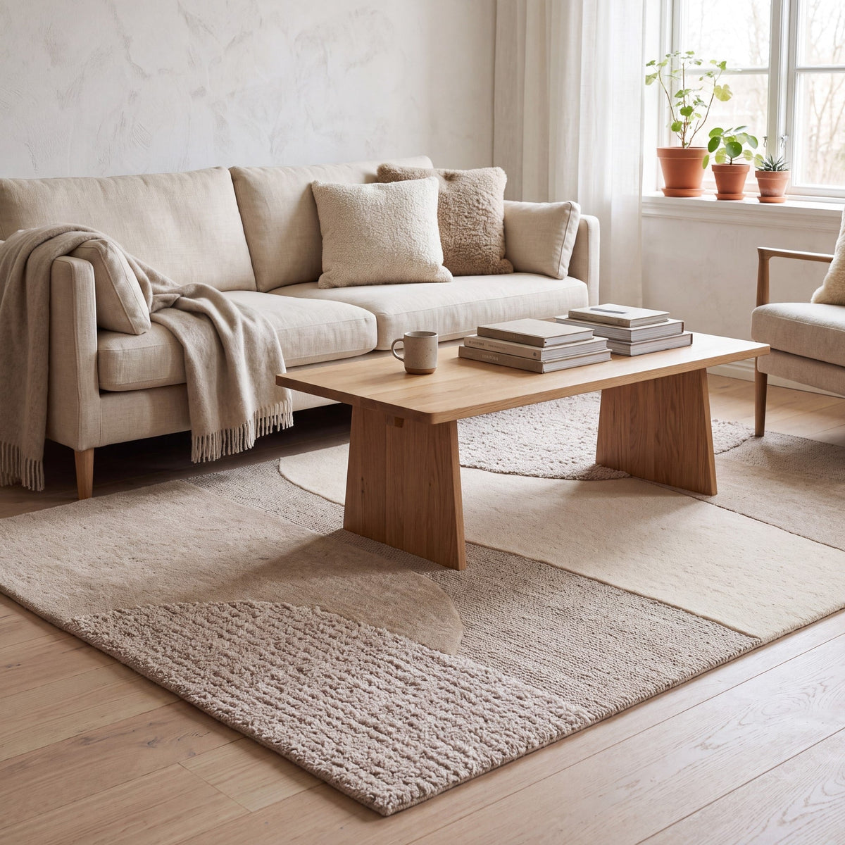 Tapis Acsento Bergen ivoire, sable et grège aux plages de couleur organiques, dans un intérieur