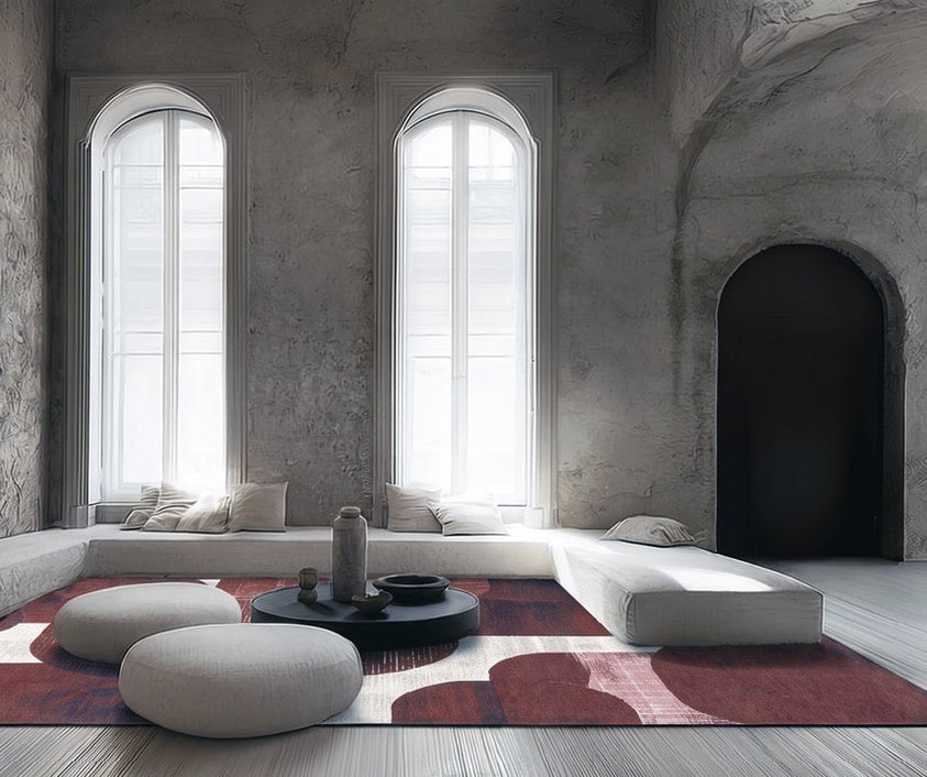 Tapis Acsento Bubbles Burgundy bordeaux aux formes arrondies lie de vin et aubergine sur ivoire, dans un intérieur, deuxième vue
