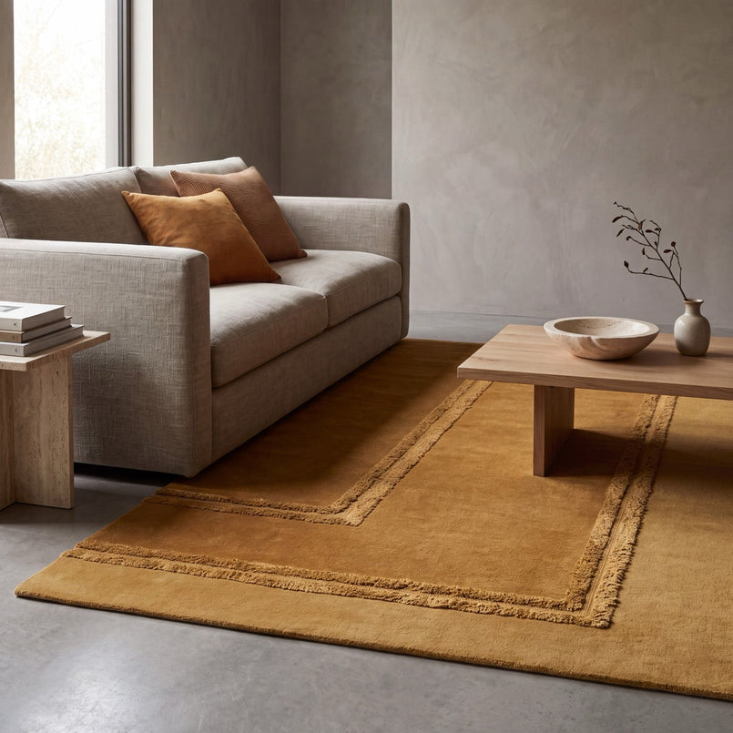 Tapis Acsento Delos Mustard jaune moutarde et ocre à bordures en relief, dans un intérieur