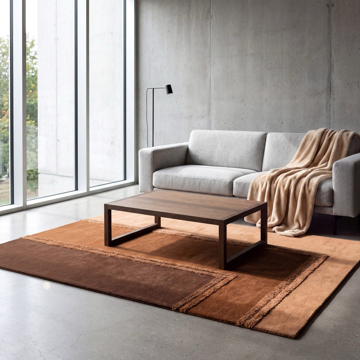 Tapis Acsento Delos Rust rouille, terracotta et brun chocolat à bordures en relief, dans un intérieur, deuxième vue