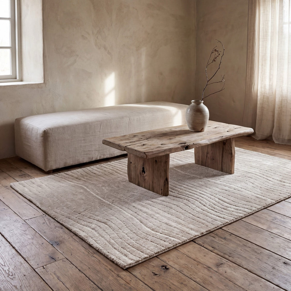 Tapis Acsento Duna Linen beige lin à fines lignes ondulées, dans un intérieur