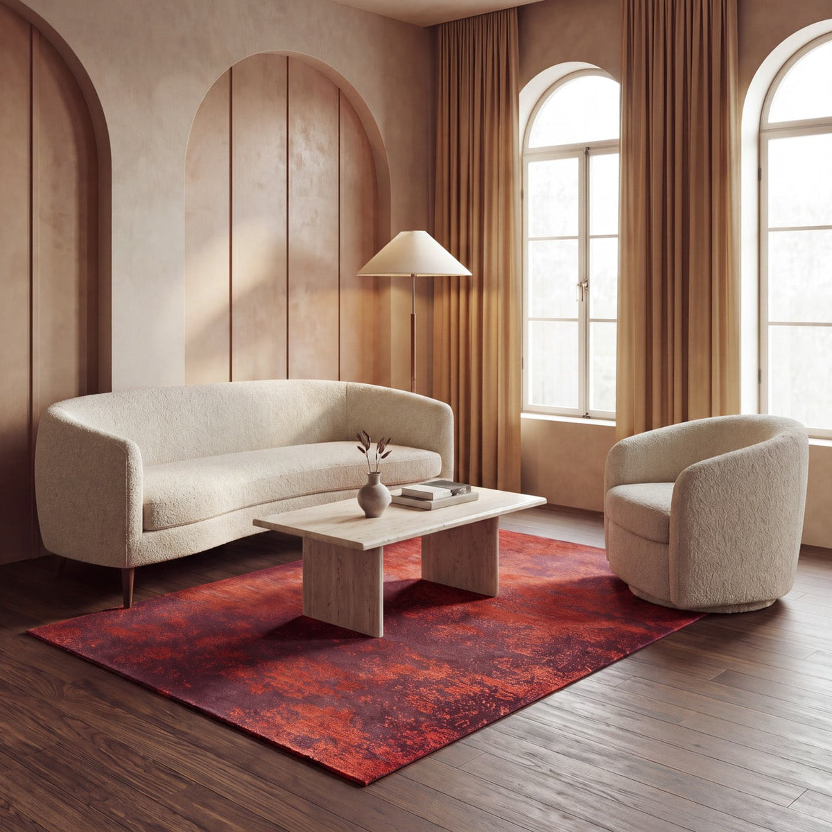 Tapis Acsento Laguna Burgundy bordeaux moucheté de rouge corail, dans un intérieur