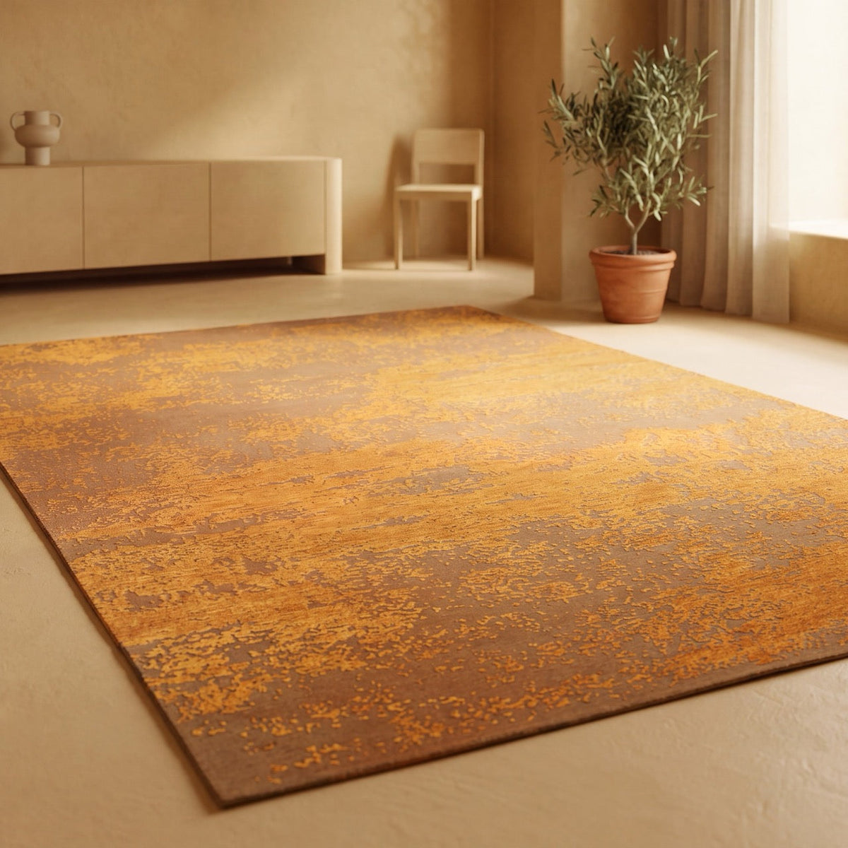 Tapis Acsento Laguna Melon orange safran et melon sur caramel, dans un intérieur