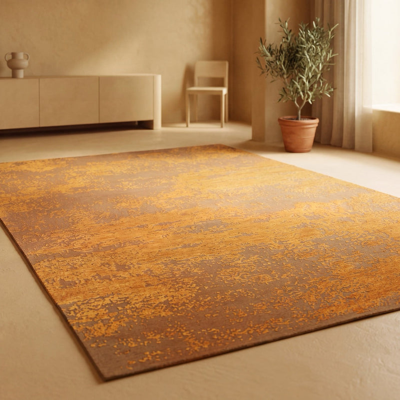 Tapis Acsento Laguna Melon orange safran et melon sur caramel, dans un intérieur