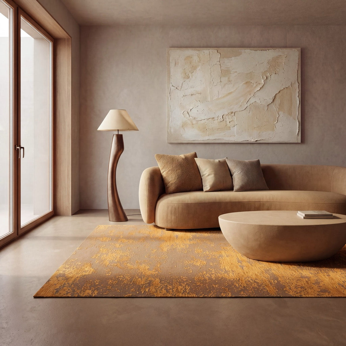 Tapis Acsento Laguna Melon orange safran et melon sur caramel, dans un intérieur, deuxième vue
