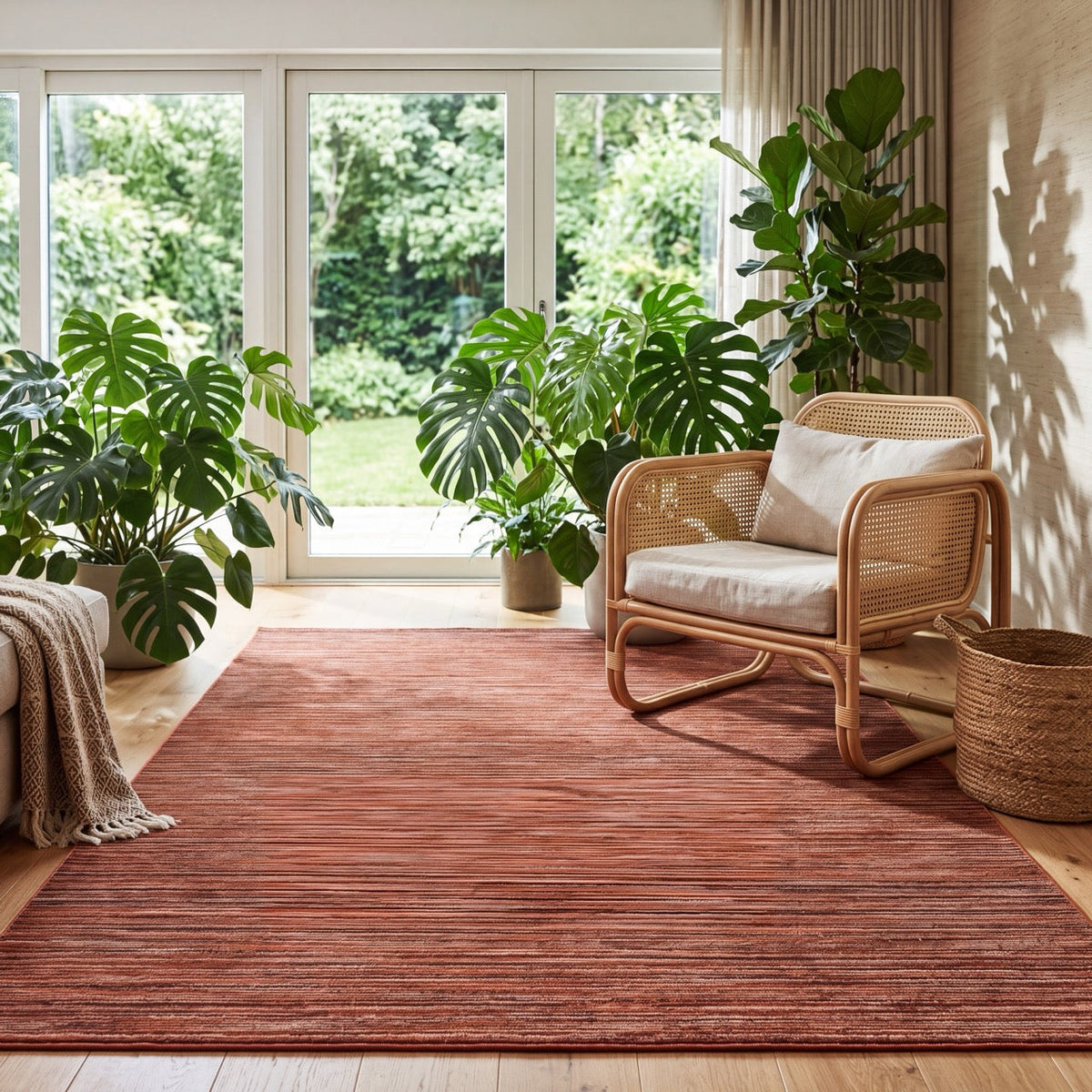 Tapis Acsento Origin Brick terracotta à rayures rouge brique et brunes, dans un intérieur