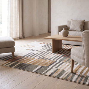 Tapis Acsento Siena 45 beige aux touches de pinceau rouille, ocre et anthracite, dans un intérieur, deuxième vue