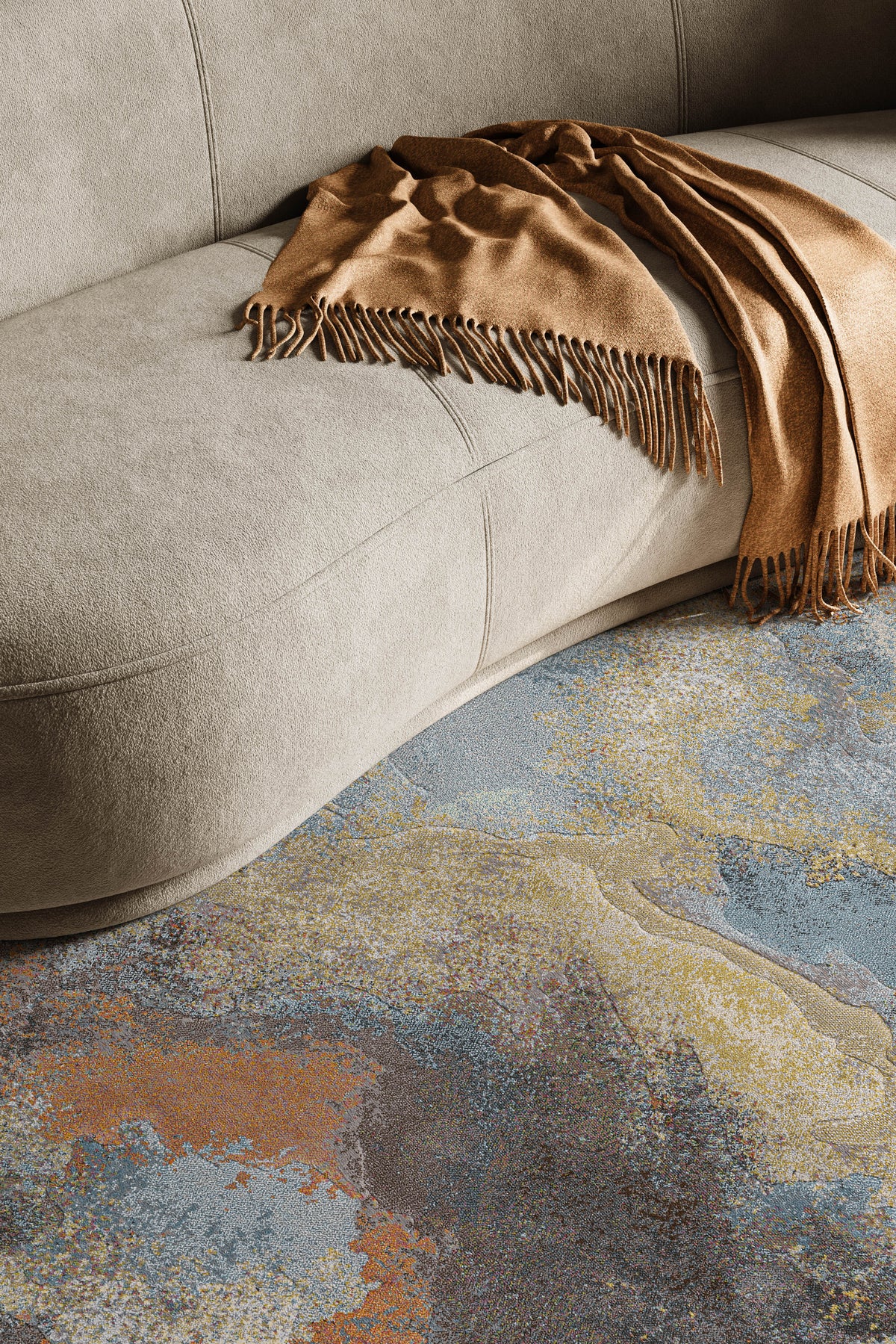 Tapis abstrait rouille et bleu Tapison Home Torino, dans un intérieur