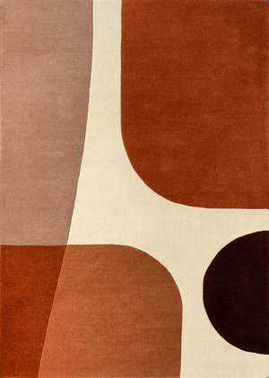 A handtufted wool rug with an abstract geometric design in orange and beige tones.