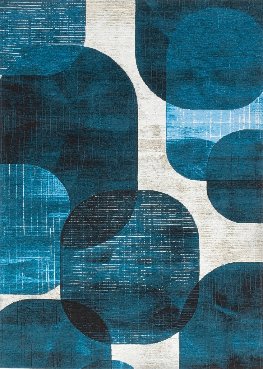Tapis Acsento Bubbles Blue bleu aux formes arrondies pétrole et marine sur ivoire, vue de dessus