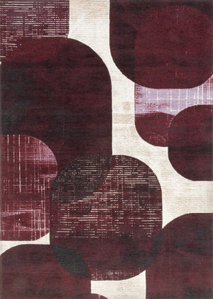 Tapis Acsento Bubbles Burgundy bordeaux aux formes arrondies lie de vin et aubergine sur ivoire, vue de dessus