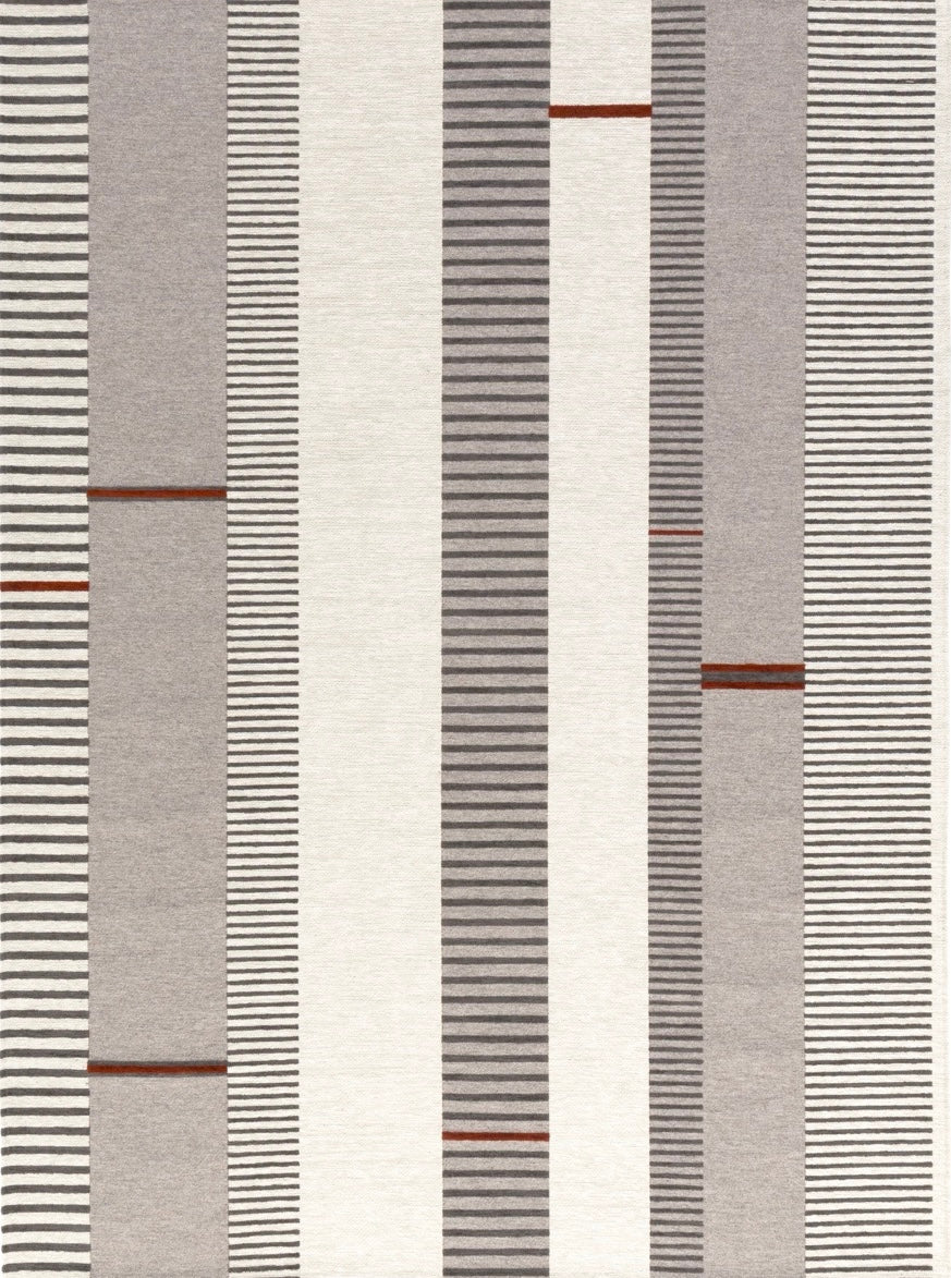 Tapis Acsento Oslo Grey Terra gris à rayures ivoire et anthracite, touches de terracotta, vue de dessus