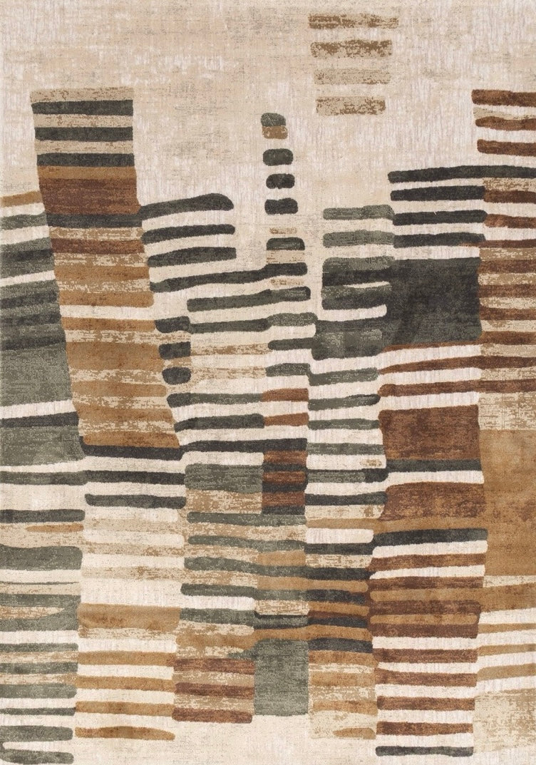 Tapis Acsento Siena 45 beige aux touches de pinceau rouille, ocre et anthracite, vue de dessus
