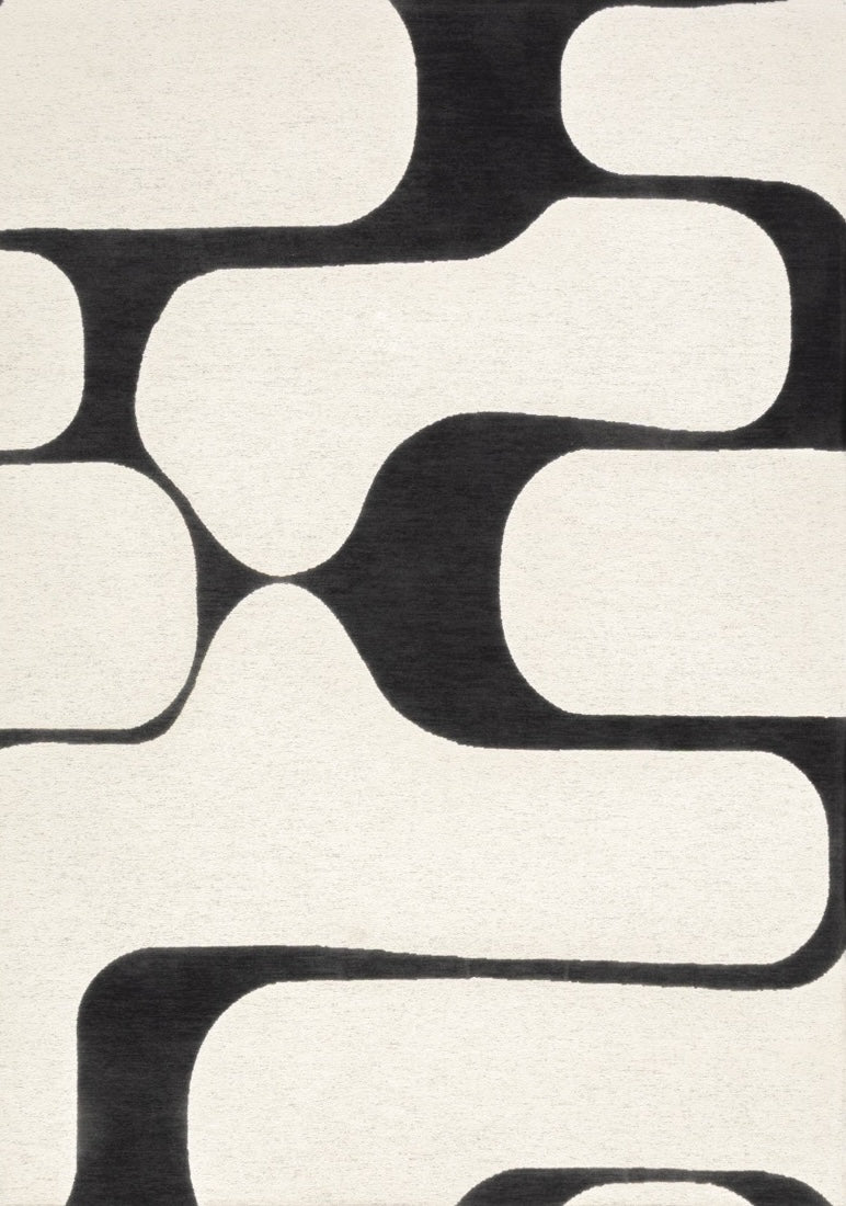 Tapis Acsento Swing Black-White noir et crème aux grandes formes arrondies, vue de dessus